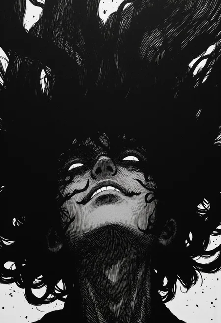 nistyle, monochrome Manga Sketch, extreme head Closeup, a dark ethereal womans black billowing hair, hair floating upward, Killing Gaze smile, eerie, Shrouded in darkness, shaded eyes, Low angle View, hyperdetailed manga sketch style, with bleaked color Highlights, grey, and white color grading. Greyscale, intricate Face lines, black skin
