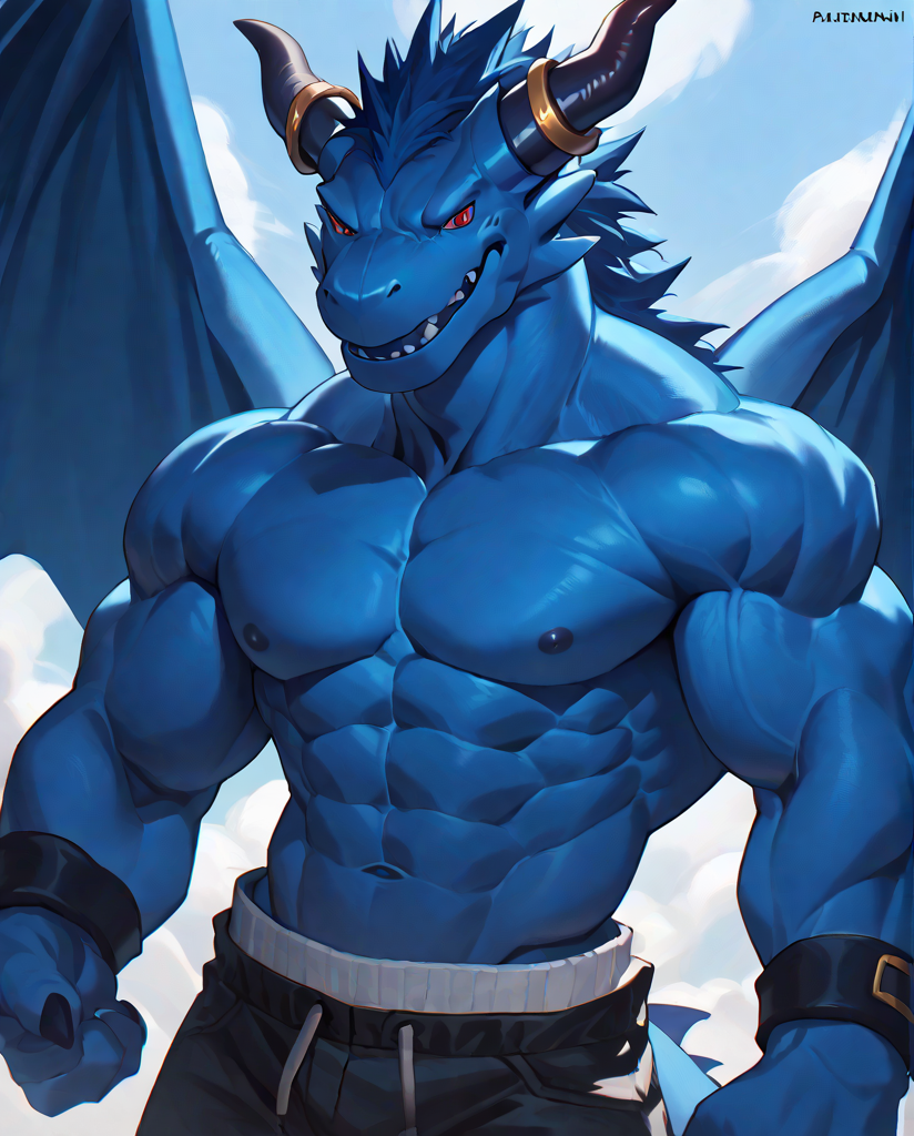 source_furry,score_9,score_8 up,score_7 up,score_6 up,male,anthro,furry,1boy,solo,blue_dragon,dragon,wings,horns,blue body,red eyes,muscles,muscular,bodybuilder,abs,pectorals,biceps,<lora:Blue_Dragon:1>,