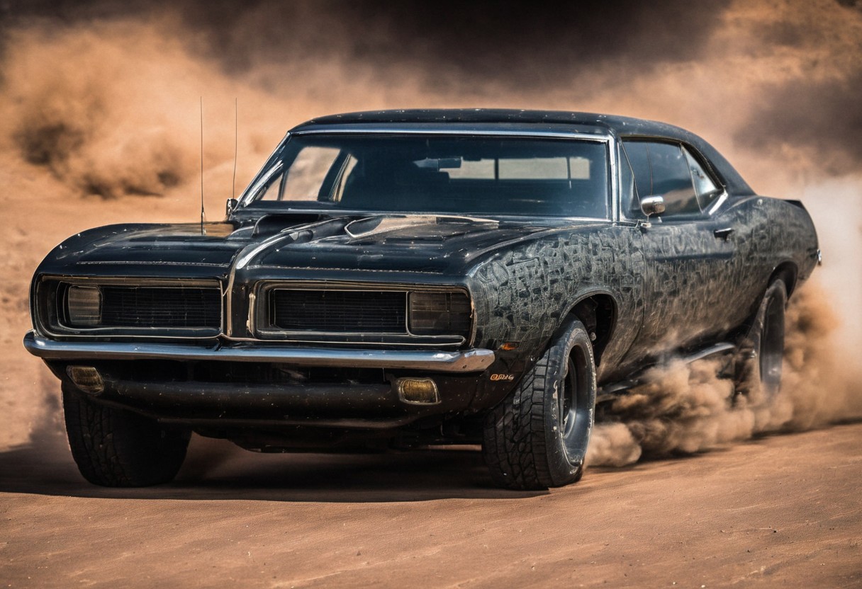 Create an ultra-detailed and realistic image of a custom car, created with parts from many muscle cars, with aerodynamic lines from 1972, but armored with bulletproof plates, with two heavy artillery machine guns on the roof. The car is metal color, with black tinted windows. It is captured in motion with motion blur at full speed through a desert, daylight. The photograph is captured with an Arri Alexa camera, with a zoom lens.<lora:Vintage Muscle Car SDXL:1>
