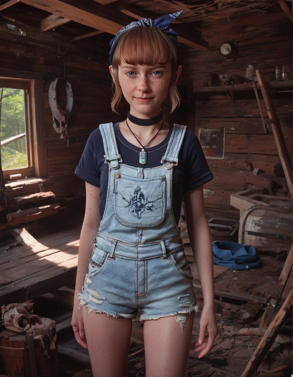 CyberRealisticPony_POSV1, <lora:kat_v2.0-000014:0.8>, k4tgirl, 1girl, pale skin, petite, young teen, dark blue eyes, brown hair, short ponytail, sidelocks, blunt bangs, freckles, blue bandana on head, black choker, pendant, t-shirt, blue overall shorts, cutoffs, thighs, looking at viewer, indoors, abandoned cabin, overgrown, nature, natural light, depth of field, <lora:StS_PonyXL_Detail_Slider_v1.4_iteration_3:3>