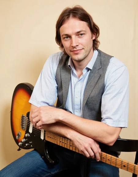<lora:DAVID_GILMOUR:1>This photograph features a man sitting in a relaxed pose, leaning slightly forward with his arms crossed. He has shoulder-length, dark brown hair that falls naturally around his face. The man is wearing a light blue, short-sleeved button-up shirt with vertical stripes, paired with a grey, sleeveless vest. He is also wearing blue jeans. His expression is calm and slightly smiling.
In front of him, on a black chair, lies an electric guitar with a distinctive sunburst finish, transitioning from a dark brown at the head to a lighter yellow at the body. The guitar's neck is positioned towards the man, with the body resting on the chair. The man's right hand is placed on the guitar, suggesting he may be a musician or enthusiast.
The background consists of a plain, light beige wall, providing a neutral backdrop that highlights the subject. The lighting is soft and even, casting gentle shadows and highlighting the textures of the man's clothing and the guitar. The overall mood of the photograph is casual and intimate, capturing a moment of relaxed enjoyment.