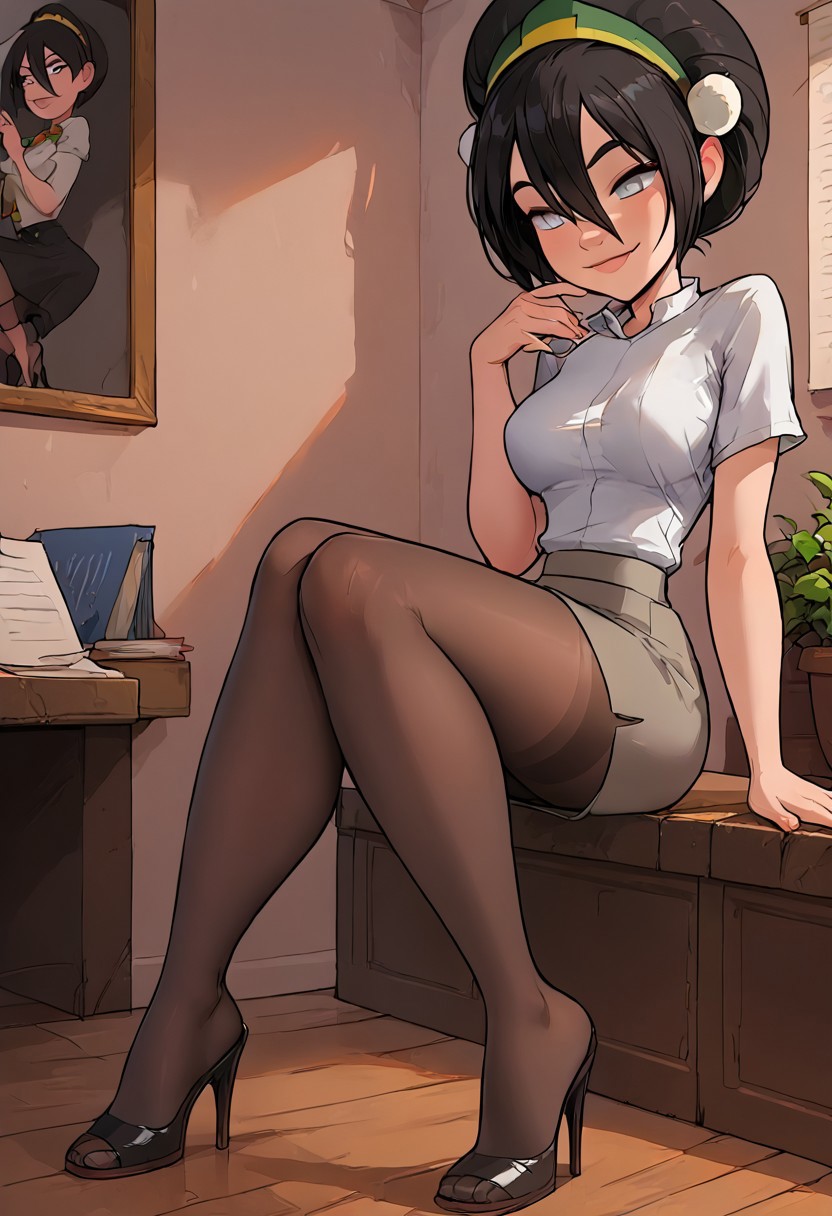 masterpiece,best quality, highly detailed, score_9, score_8_up, score_7_up, score_6_up, source_cartoon, museum, louvre,
BREAK 1girl, 25 year old woman, toph, bangs, black hair, blind, grey eyes, hair between eyes, hair bun, hairband, short hair, medium breasts, white button up shirt,
gray pencil skirt, pantyhose, high heels, leaning back, pose ,  perfect breast, bombshell body, sensual, sexy, smug, Expressiveh, 
office setting,