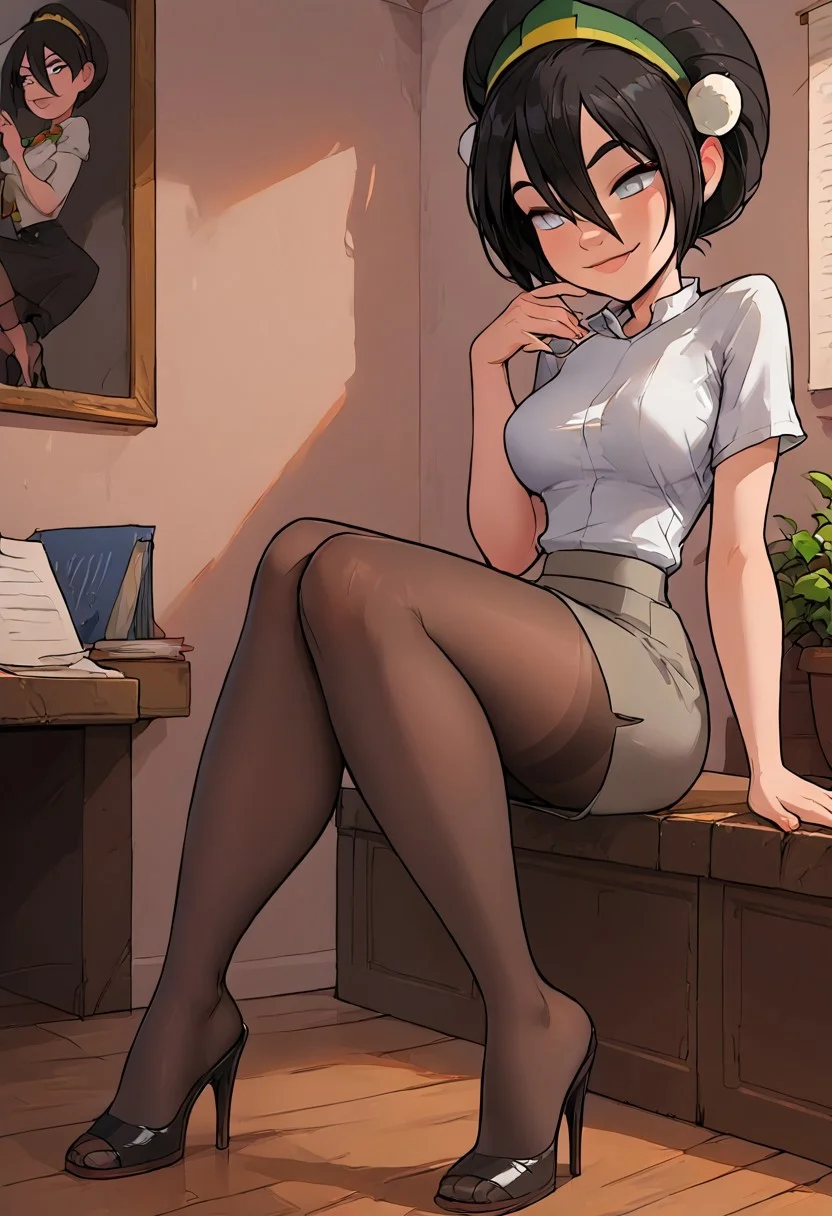 masterpiece,best quality, highly detailed, score_9, score_8_up, score_7_up, score_6_up, source_cartoon, museum, louvre,
BREAK 1girl, 25 year old woman, toph, bangs, black hair, blind, grey eyes, hair between eyes, hair bun, hairband, short hair, medium breasts, white button up shirt,
gray pencil skirt, pantyhose, high heels, leaning back, pose , perfect breast, bombshell body, sensual, sexy, smug, Expressiveh,
office setting,
