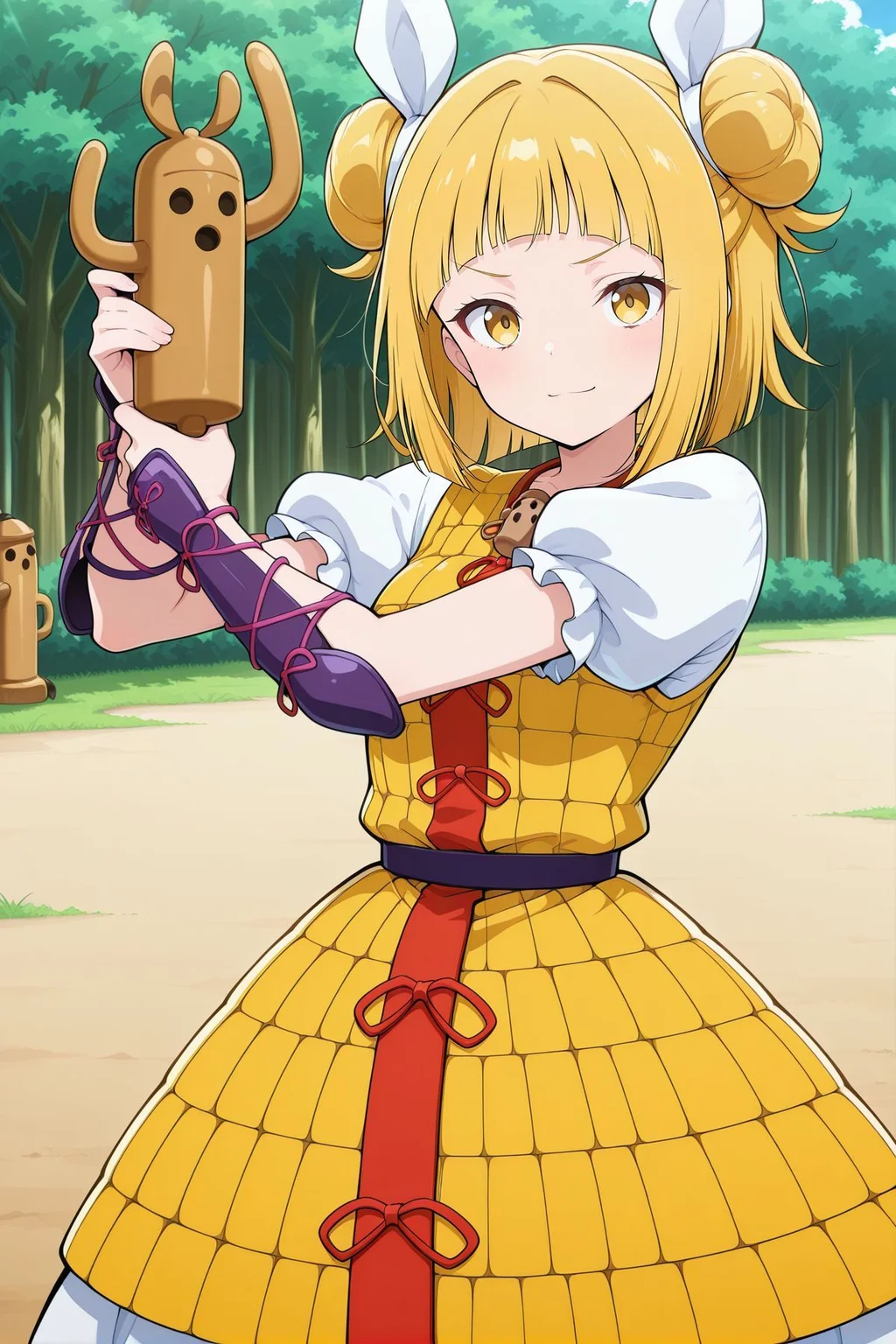 absurdres, highres, masterpiece, best quality, amazing quality, official anime artwork, screencap, anime screencap, outdoors, looking at viewer, light smile, dynamic pose,
<lora:Mayumi-Joutouguu_Illustrious:1> joutouguu mayumi, 1girl, solo, yellow eyes, blonde hair, double bun, small breasts,, hair ribbon, white ribbon, haniwa (statue), necklace, yellow dress, armored dress, puffy short sleeves, white sleeves, purple vambraces, holding,