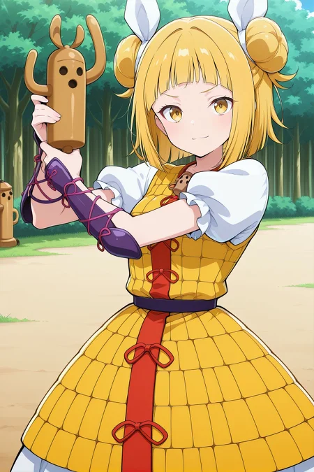 absurdres, highres, masterpiece, best quality, amazing quality, official anime artwork, screencap, anime screencap, outdoors, looking at viewer, light smile, dynamic pose, 
 <lora:Mayumi-Joutouguu_Illustrious:1> joutouguu mayumi, 1girl, solo, yellow eyes, blonde hair, double bun, small breasts,, hair ribbon, white ribbon, haniwa (statue), necklace, yellow dress, armored dress, puffy short sleeves, white sleeves, purple vambraces, holding,