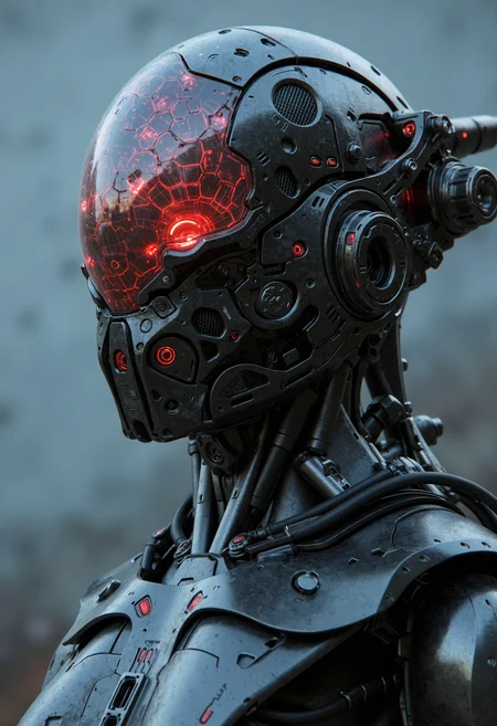 CYBER_CORE_UT  The image depicts a close-up of a person wearing a futuristic, high-tech helmet with glowing red circuitry patterns. The helmet covers the head and part of the neck, with intricate electronic components visible. The person has a pale complexion and is wearing a futuristic suit that includes various buttons and controls. The background is blurred, making it difficult to discern specific details, but it appears to be an outdoor setting with a blueish hue. The overall aesthetic is highly detailed and futuristic, with a focus on advanced technology and cybernetic elements.,cyberpunk,CyberpunkAnime