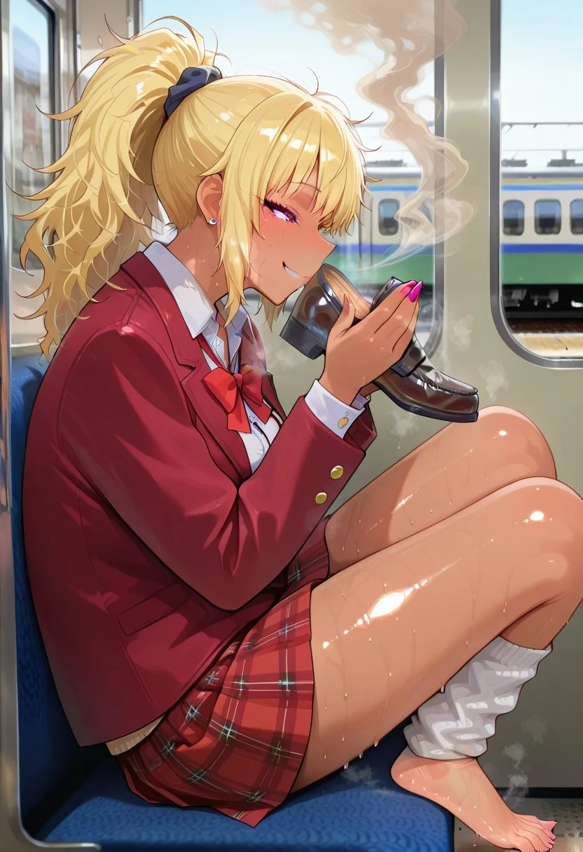 solo:1.9,   , smelling_own_shoe, holding shoe, 1girl, sitting, smell, feet, barefoot, sweat, shiny skin, messy hair, blond hair, portrait, closeup on face, loafers shoe , sailorfuku, gyaru, tanned, ponytail, breath, happy, train interior,  red blazer,  white blouse, red ribbon, red pleaded skirt, from side, loose socks, shibuya style,  nose inside the insole, steaming shoes:1.9, smelly shoes:1.9, huge puff of smoke out of the shoe:1.8