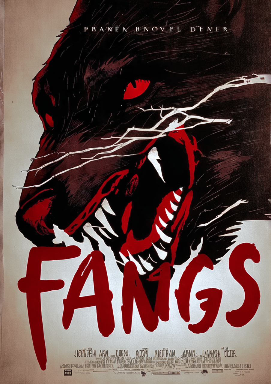 cinexart (title "fangs") closeup of attacking wolf, movie poster<lora:cinexart:1>