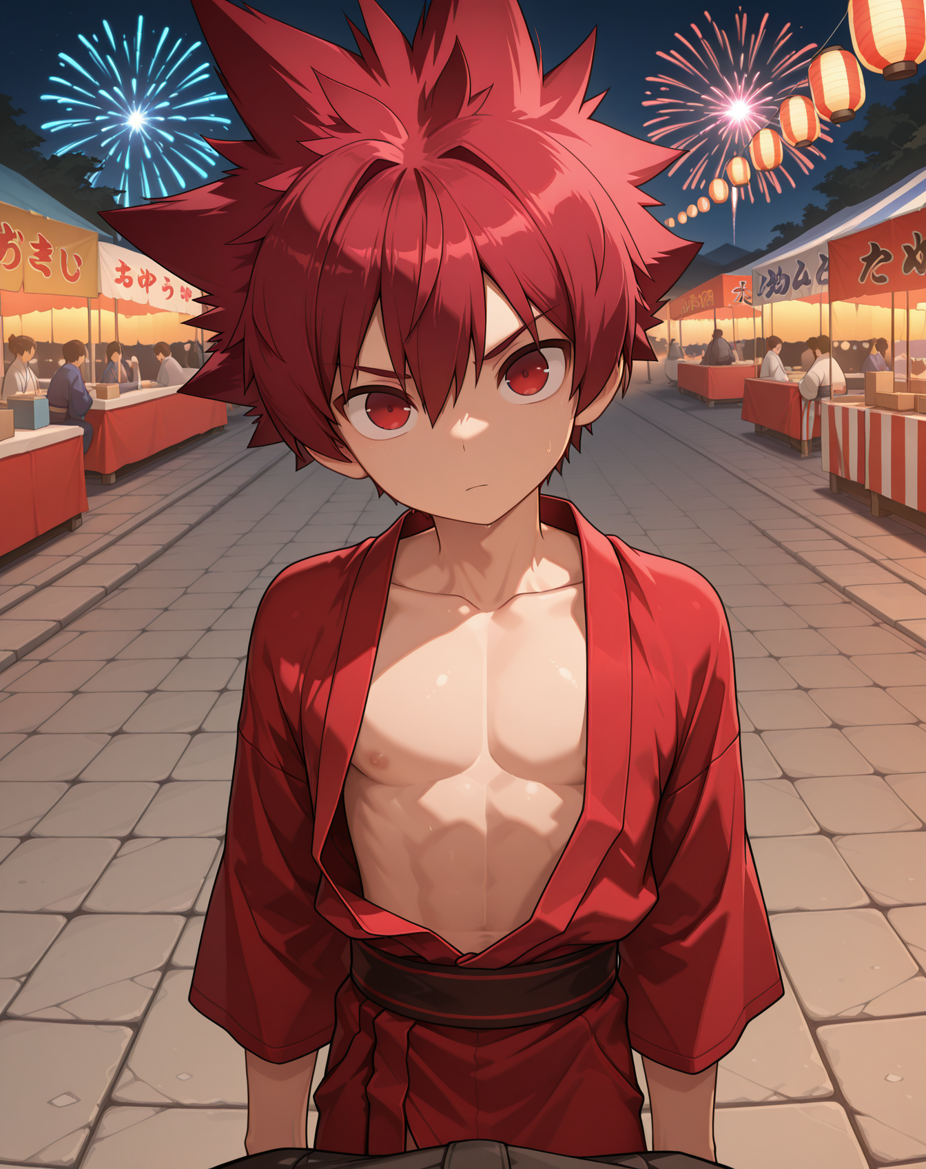 masterpiece,best quality,amazing quality, newest, very aesthetic, absurdres,
1boy, solo, yaoi, male focus, looking at viewer, cowboy shot,
<lora:Elsword_Sword_Knight_ilxl:1>  elswordsk, spiked hair, red hair, red eyes,
yukata, open clothes,
outdoors, festival, night, fireworks, stone floor,