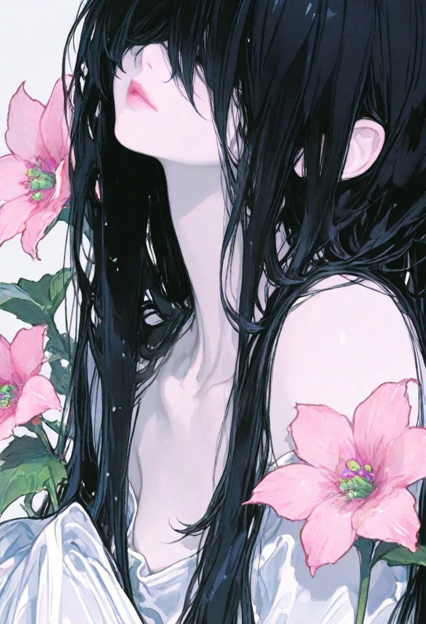 masterpiece, best quality, absurdres, highres, 1girl, lips, sadako, hair over eyes, long straight black hair, black hair, eyeless, holding a pink flower, wearing dress, solo, portrait, close-up, simple background, uk1h4j1m3