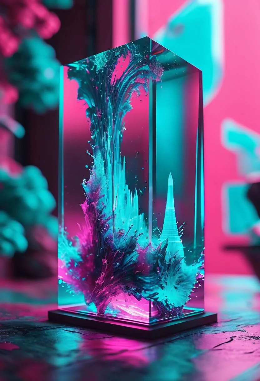Generate a captivating artwork showcasing abstract shapes composed of turqouise monolith, with a dispersion effect emanating from the glass. Emphasize intricate details, refined lines, and vibrant colors neon tesseract throughout the composition. Ensure that the focus remains on the abstract elements rather than human subjects. majestic