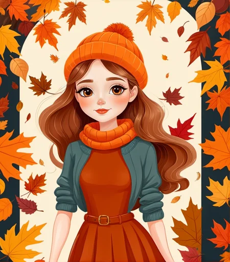 a beautiful woman, Cozy Autumn themed Cartoon, vivid colors, captivating, enchanting, Autumn, American cartoon style, fall decor, Autumn elements