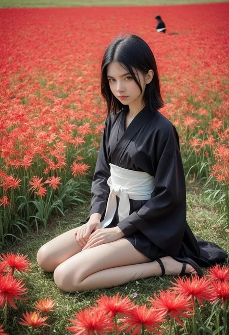 Score_9, score_8_up, score_8, RLSM, Realistic, Realism, Hyper Realistic, aesthetic, high detailed, high quality, masterpiece, best quality, very awa, absurdres, detailed eyes, detailed face, detailed skin, simple background, BREAK (colorful:1.3), (cute character:1.5), 1girl, Rukia Kuchiki, petite anime girl, short black hair, side-swept bangs, pale skin, purple eyes, serious expression, wearing a black shihakusho (soul reaper uniform), white obi belt, traditional Japanese sandals, sitting in flower field, hair flying in wind, windy, red spider lilly flowers, detailed background, soft pastel colors, warm and sunny atmosphere