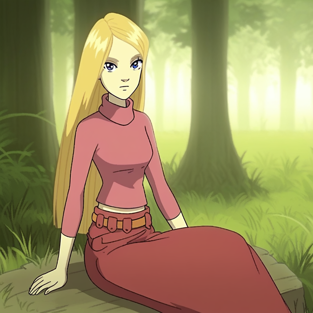 score_9, solo, cornelia_h, blonde hair, long hair, blue eyes, turtleneck, long skirt, belt, grass, tree, sitting, natural lighting, looking at viewer