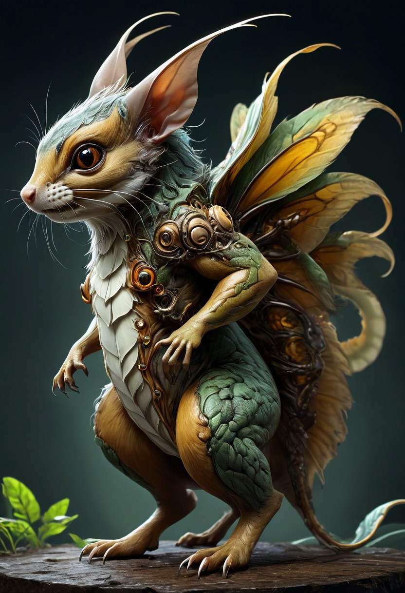 Create a stunning and highly detailed concept art of a hybrid creature inspired by a flying squirrel and centipede. Use cinematic colors and dynamic lighting to showcase the creature in a dramatic and visually striking manner. Incorporate subtle muted tones and precise anatomy to bring out the aesthetic appeal of the creature. Make use of digital painting techniques and render the artwork in a cinematic atmosphere. Aim for an epic and awe-inspiring portrayal of this unique hybrid creature.