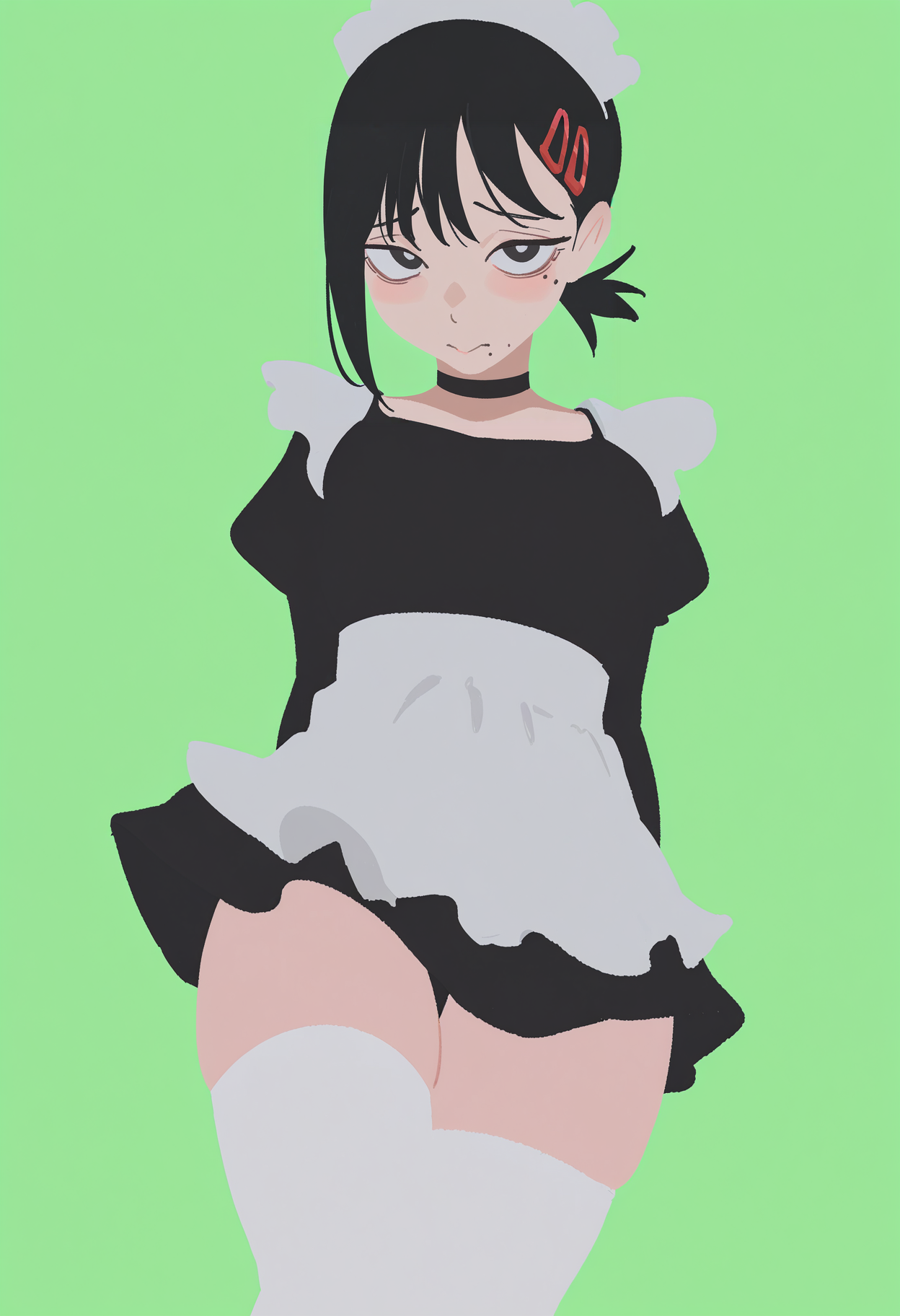masterpiece, best quality, newest, absurdres, highres, no lineart, 1girl, mole, solo, thighhighs, black hair, mole under eye, mole under mouth, simple background, black eyes, white thighhighs, maid, green background, choker, skirt, looking at viewer, black choker, blush, short hair, bangs, higashiyama kobeni, lime green, bright green
 <lora:torikun_illust:1>