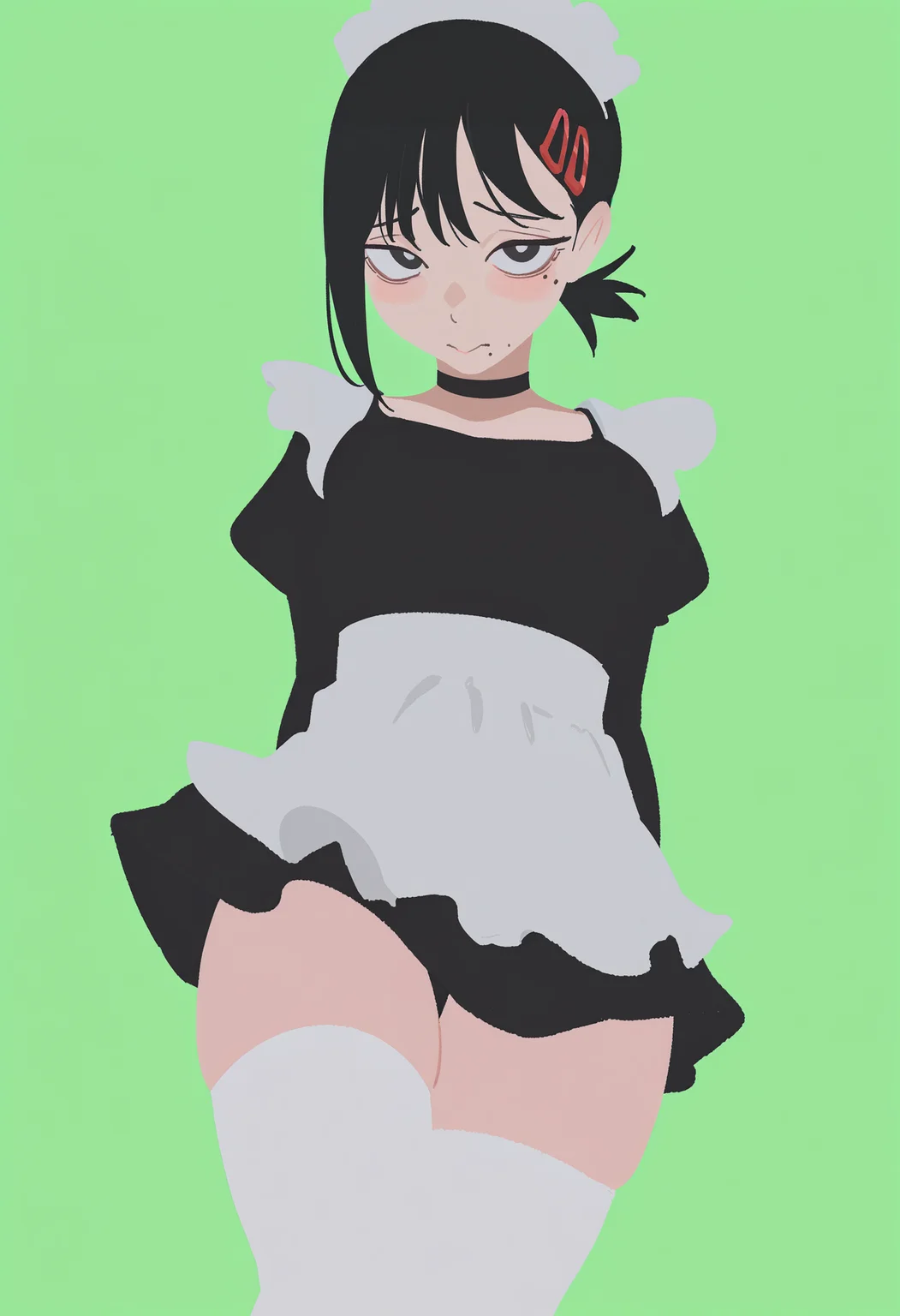 masterpiece, best quality, newest, absurdres, highres, no lineart, 1girl, mole, solo, thighhighs, black hair, mole under eye, mole under mouth, simple background, black eyes, white thighhighs, maid, green background, choker, skirt, looking at viewer, black choker, blush, short hair, bangs, higashiyama kobeni, lime green, bright green
<lora:torikun_illust:1>