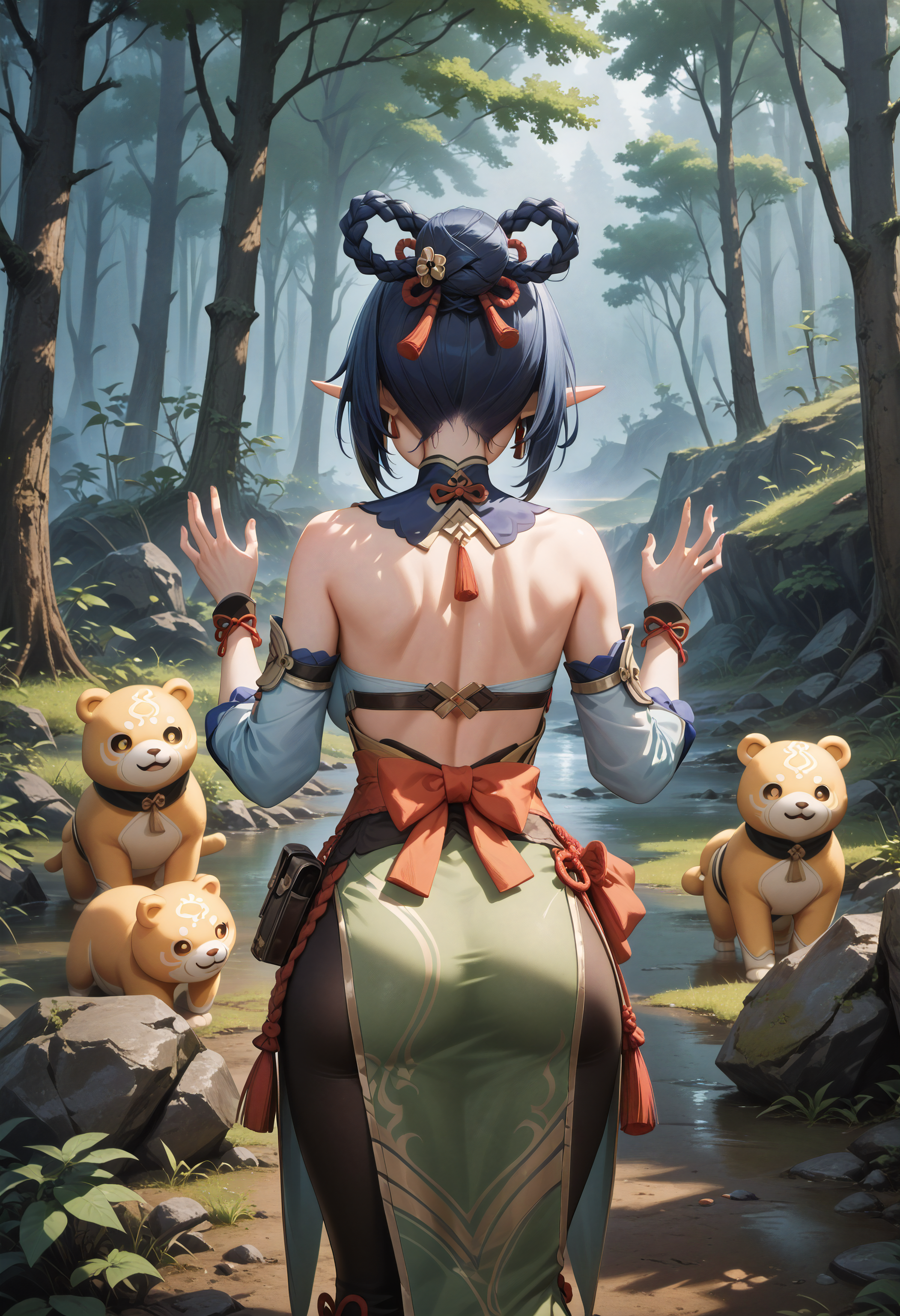 score_9, score_8_up, score_7_up, 1girl, xiangling_\(genshin_impact\), genshin_impact, blue_hair, yellow_eyes, rear view, hands up, elf forest, outdoors, film, fbf_ud.safetensors, <lora:test\fbf_ud.safetensors:1.0>
