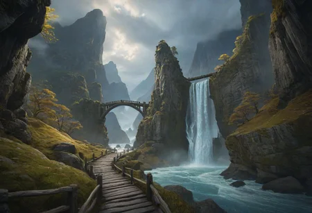 masterpiece, best quality, ultra detailed, professional light, cinematic lighting, ambient lighting, atmospheric effects, photorealistic, epic landscape, high fantasy, waterfall, mountains, cliff, bridge, Kintsugi style path, clouds