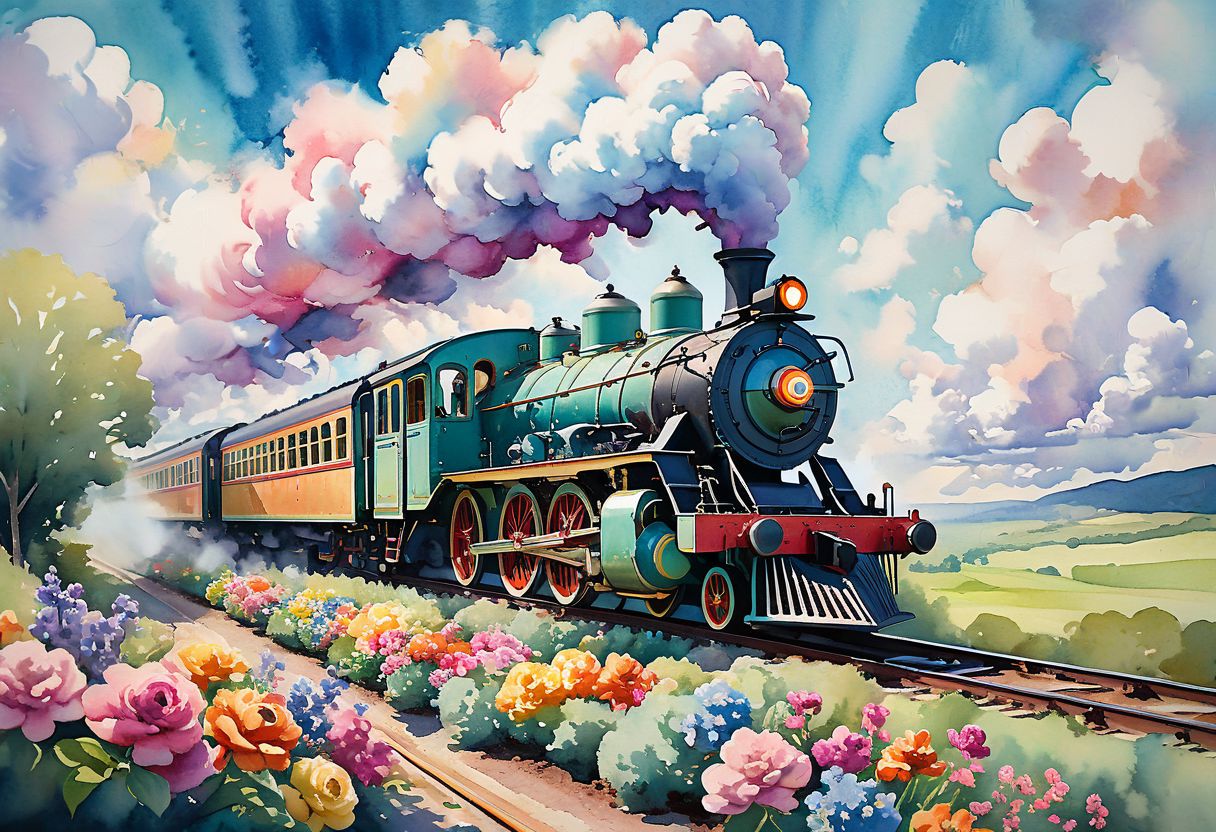 Vintage steam train festooned with vibrant flowers, whimsical animal-shaped clouds, aerial landscape, passengers leaning out train windows, watercolor painting style, pastel colors, dappled sunlight, playful atmosphere