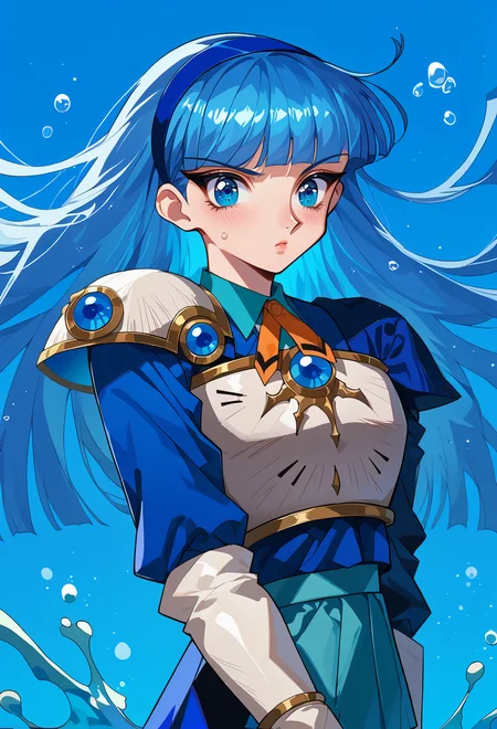 score_9, score_7_up, source_anime, solo, <lora:AEUmi-000009:1.3> BREAK gradient background, blue background, water,
blue eyes, blue hair, blunt bangs, long hair, blue hairband,
AEUmiKnight, white breastplate, single shoulder pad, shoulder armor, thigh armor, white footwear, white thigh boots, zettai ryouiki,
full body,