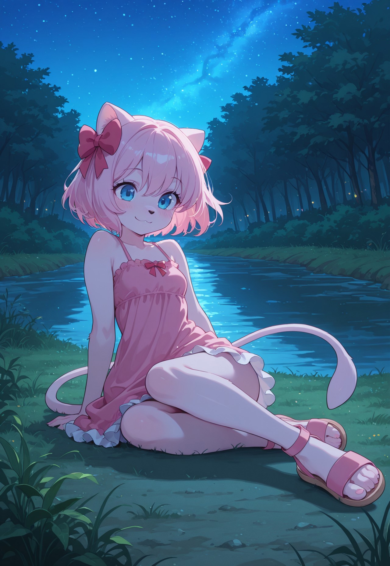 masterpiece, best quality, amazing quality, very aesthetic, absurdres, PKMN_Mew, furry:1, 1girl, pink hair, short hair, hair ribbon, blue eyes, pink frilled dress, pink sandals, rating safe,
river, gras, blue sky, sitting, on ground, happy, dynamic pose, perspective, outdoors, plants, night, starry sky