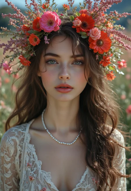 A hyper-realistic portrait of a stunning supermodel, featuring a beautifully detailed face with captivating eyes and a serene expression. The image is a high-resolution photograph featuring a young woman with long, wavy brown hair. She has fair skin, striking green eyes, and a serene expression. Her hair is adorned with a lush, colorful floral crown composed of vibrant pink and red flowers interspersed with green foliage, adding a natural and whimsical touch to her appearance. She is dressed in a white lace top that reveals a hint of her shoulders, with delicate, intricate patterns that exude a vintage, romantic vibe. Around her neck, she wears a string of white pearls, adding a touch of elegance to her attire. The background of the image is softly blurred, suggesting an outdoor setting, possibly a field or meadow, with a mix of green and pink hues, indicating a floral landscape. The overall mood of the photograph is peaceful and ethereal, emphasizing the natural beauty of the woman and her surroundings. The lighting is natural, likely from the sun, casting a soft glow that enhances the colors and textures of both the flowers and her skin. The image captures a moment of tranquility and natural beauty, blending the human form with the beauty of nature in a harmonious and artistic manner.