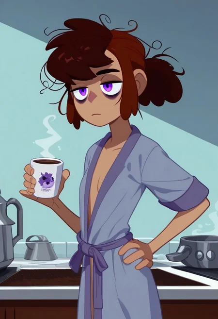 score_9, score_8_up, score_7_up,
1girl solo,female, light brown complexion purple eyes and eye bags, bangs short ponytail, , holding cellphone,tiny_breast, kitchen background, wear only bathrobe nightgown, loose clothes, one hand holding cup of coffee, one hand on hip, perfect hands, bags under eyes, sleepy eyes, messy hair, loose clothes, eyes half close,
perfect hands, perfect anatomy, show accurate,