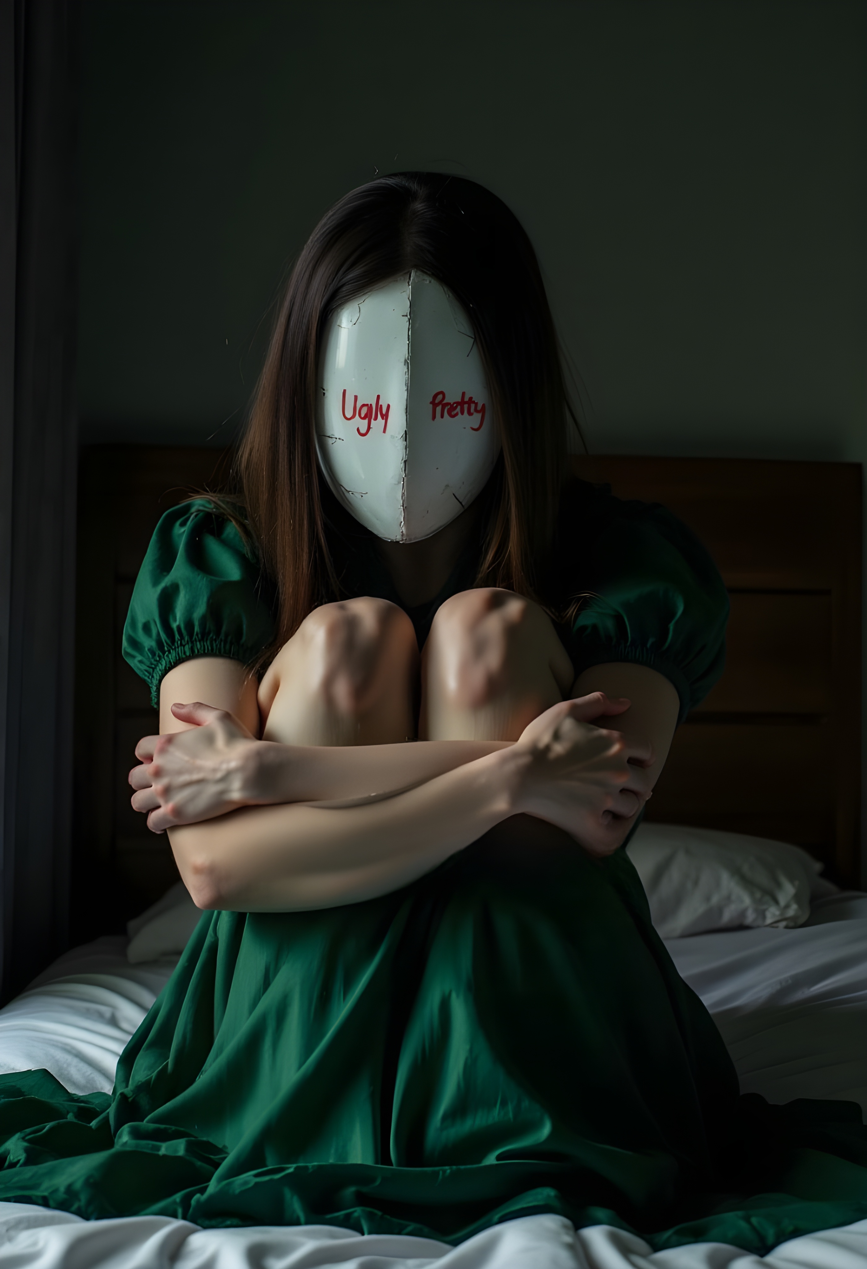 cinna flow, close-up shot of a young faceless woman wearing a green 19th century style dress. Her face is transformed into a glass surfaced mirror. Her mirror face has a slight Crack in the glass. She sits on her bed in the fetal position with her arms hugging her legs. The mirror has the words "Ugly" on the left and "Pretty" on the right written in red lipstick. The scene is both depressing and sad.