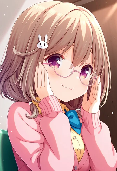 masterpiece,best quality,good quality,newest,huge filesize,
artist:QP_flapper,
upper body,
1 cute girl, kazemachi haruka,brown hair,short hair,hair ornament,rabbit hair ornament,purple eyes,
seio school uniform,pink cardigan,yellow shirt,collared shirt,blue bowtie,
pink rim glasses, round glasses
doyagao, smug, hand on eyewear,