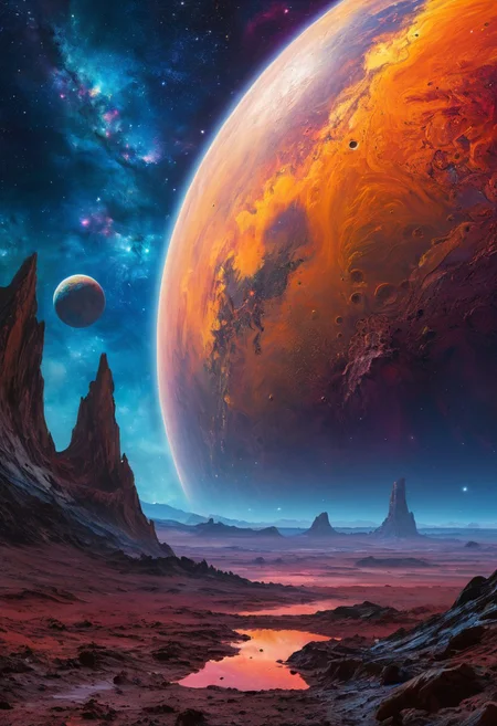 masterpiece, An oil painting of an alien planet, galaxy in background, vibrant colors, best quality, highly detailed