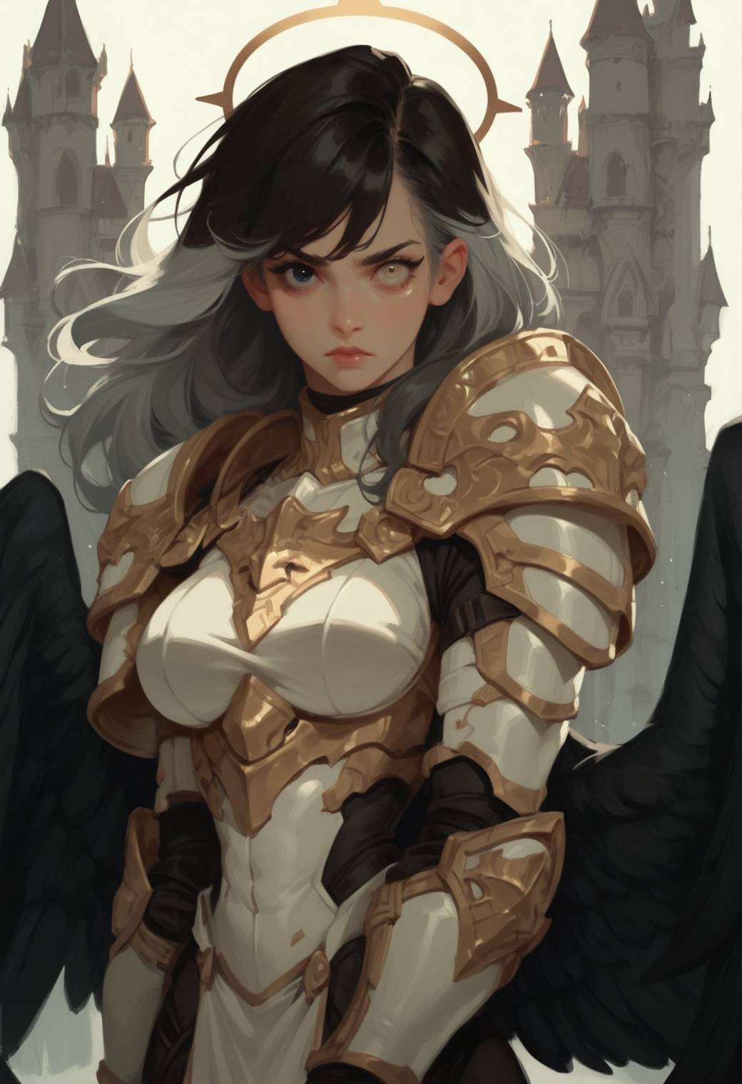 , depth of field,  dynamic lighting,  brown hair, outdoors, , , blurry background, black halo, white halo
1girl, wings, armor, solo, looking at viewer, shoulder armor, black wings, feathered wings, pauldrons, feathers, breasts, , long hair, grey hair,  , gauntlets, , halo, , black feathers, dress, closed mouth, large breasts, , upper body, black eyes, two-tone hair, white wings, black hair, heterochromia, grey eyes, white feathers, expressionless, castle, two-tone wings,, zPDXL3, detailxl,  Score_PnyReal, (lineless:1.5)