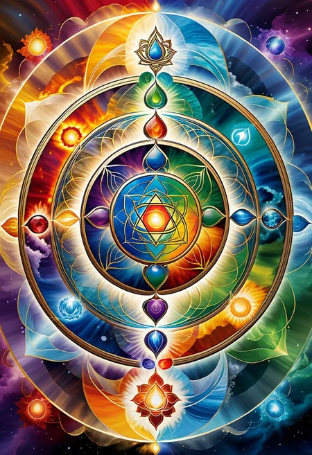 An intricate and beautiful chakra system emerges before you, its four interconnected circles embodying the elements of Air, Water, Fire, and Earth. The center of the design is a swirling vortex of pure energy, representing the union of all four elements into a single, harmonious whole. The colors of the chakras blend seamlessly into one another, creating a vibrant and mesmerizing display of elemental mastery.