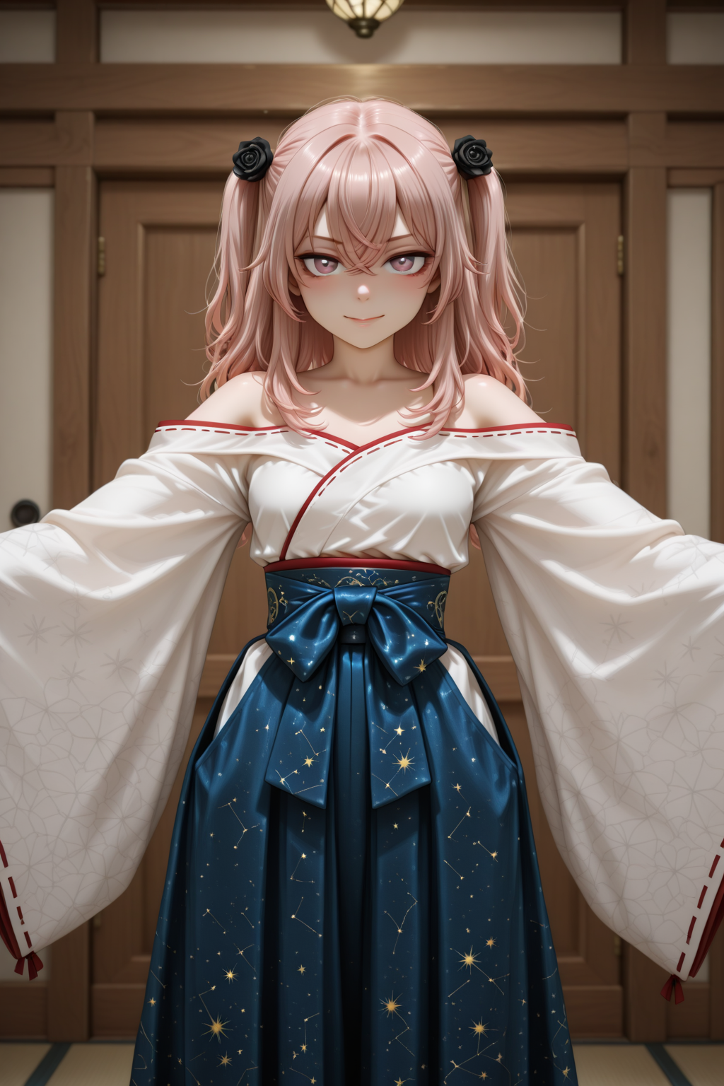 masterpiece, best quality, amazing quality, 1girl, solo, makeup, general, looking at viewer, blush, cowboy shot, smile, boutique, indoors, fancy, blush, lovely, spread arms, looking at viewer, <lora:sajuna-inui-s1-illustriousxl-lora-nochekaiser:1>, sajuna inui, inui sajuna, long hair, bangs, hair ornament, hair between eyes, pink hair, pink eyes, two side up, crossed bangs, black flower, black rose, mature female, small breasts, <lora:Celestial_Shrine_Maiden_Outfit:1>, Celestial_Shrine_Maiden_Outfit, long sleeves, bare shoulders, japanese clothes, wide sleeves, off shoulder, blue hakama skirt, blue hakama, bow, blue bow, star print, sash, obi, collarbone, star(symbol), starry sky print, constellation print, long skirt, socks, ribbon trim, ribbon-trimmed sleeves, zouri, miko, <lora:wai-2Rectified-V140:1>, <lora:illustrious_noobai_epsilon_pred_1_masterpieces_v1:1>