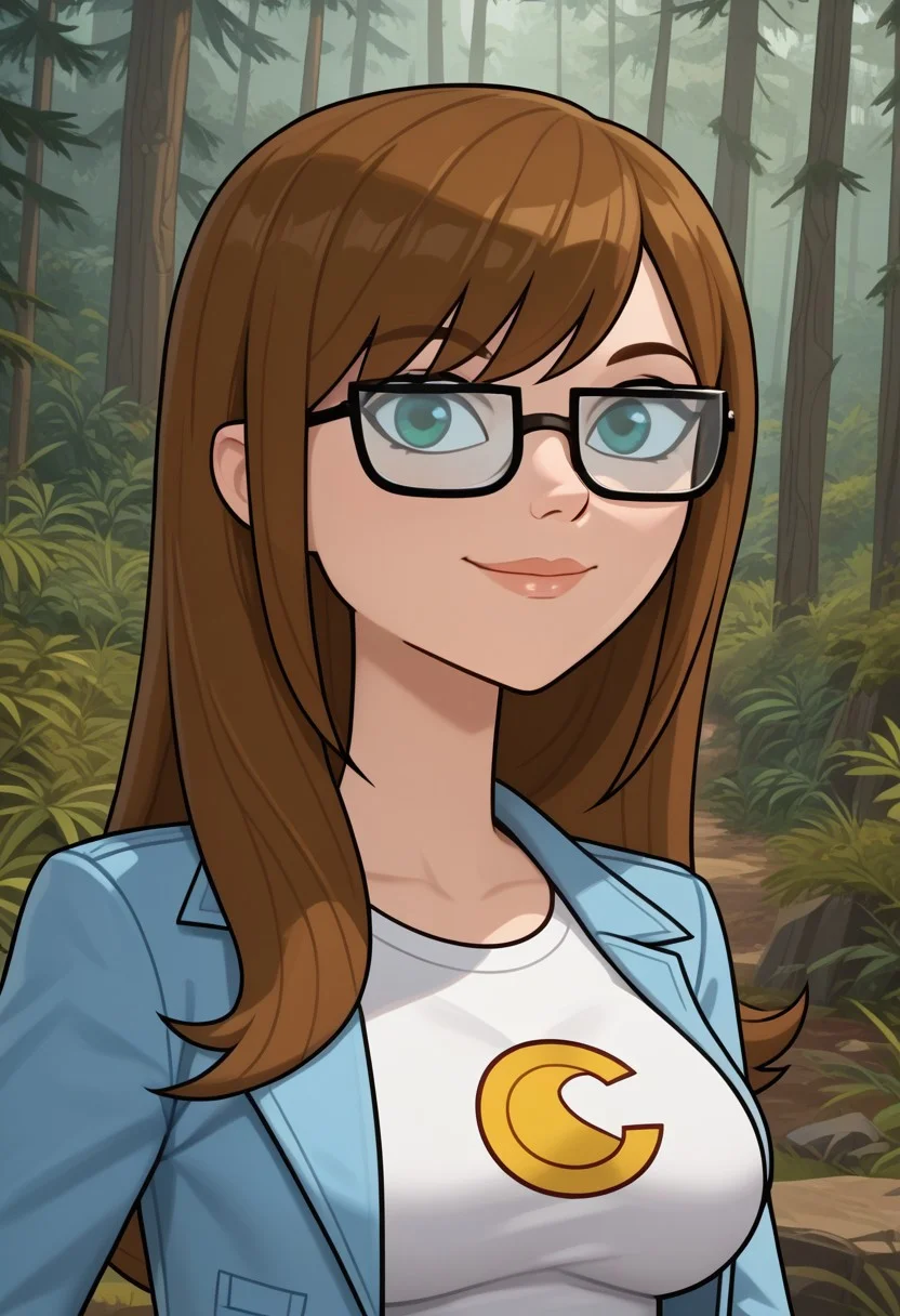 ((Forest background)),score_9, score_8_up, score_7_up,score_6_up,
1girl, Solo, Ally_DC, light skin, sea green eyes, brown hair, glasses with black frames, long straight hair, bangs, white t-shirt with pacman design, light blue jacket, black leggings, black-white sneakers, big eyes, tall stature, social smile, perfect eyes, perfect smile, looking at the viewer, big breasts, detailed eyes, perfect eyes, cute, standing, (front pose, bust shot, close up to face, face portrait:1)