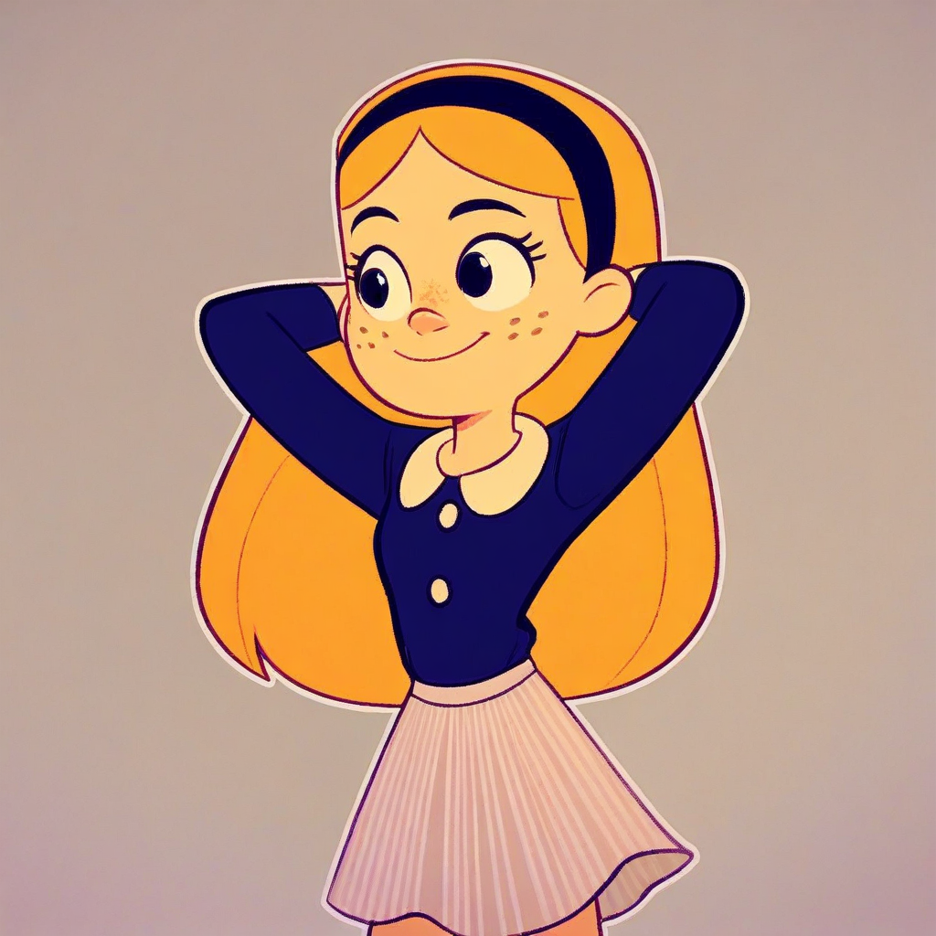 score_8, Score_9, solo, faye, blond hair, long hair, hairband, freckles, skirt, hands behind head, smile