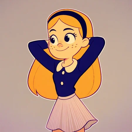 score_8, Score_9, solo, faye, blond hair, long hair, hairband, freckles, skirt, hands behind head, smile