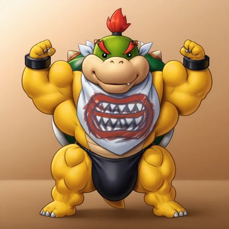 1boy, solo, masterpiece, (flatcolor, 2d art, simple shading), male, anthro, tail, JBowser, open eyes, (huge muscles, gigantic body, huge pecs, biceps, thick thighs), (thick neck, wide neck, muscular neck), (flexing), White bandanna around face, white bandanna, wearing black speedo, big bugle, (shortstack:1.5)