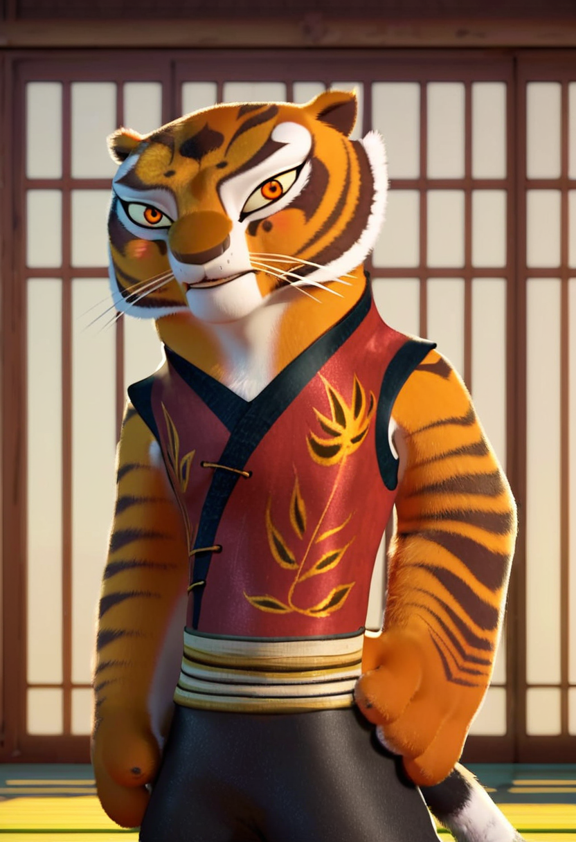 zPDXL, score_9_up, score_8_up,_7_up, score_6_up, score_5_up, score_4_up ,source_furry, best quality, amazing quality, masterpiece, 1girl, looking at viewer, solo,  blush, seductive smile, sexy pose, indoors, dojo, chinese architecture, master tigress, tiger stripes, amber eyes, tigress, tiger tail, animal ears, traditional red chinese vest, sleeveless, black silk pants, bandages, black sandals,  <lora:MasterTigress:1>, close, face focus, upper body