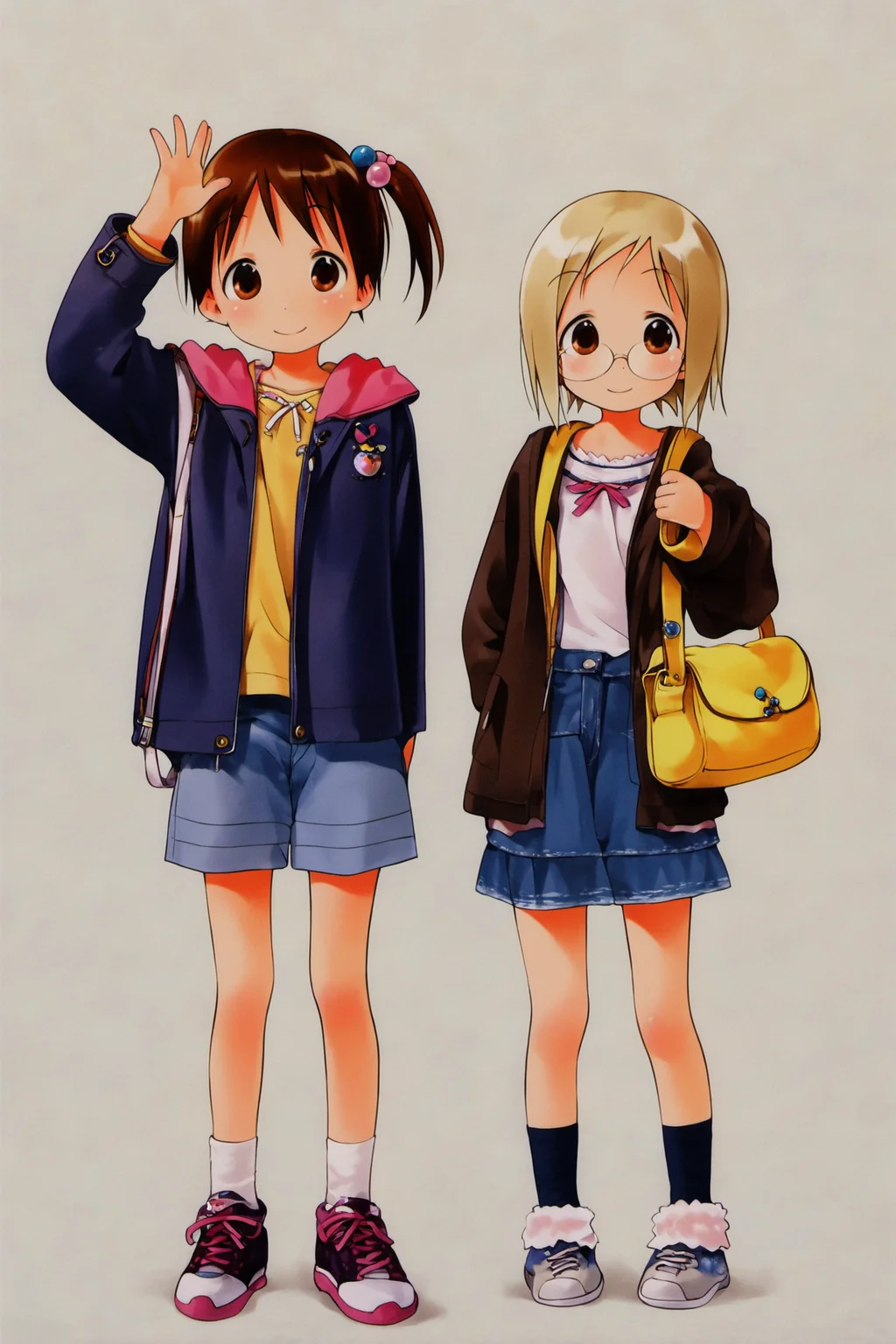 score_9,Chika Itou,Matsuri Sakuragi,multiple girls,2girls,shoes,glasses,brown hair,shorts,bag,socks,short hair,crown,handbag,smile,jacket,brown eyes,white background,hair ornament,simple background,long sleeves,standing,hood,skirt,looking at viewer,hoodie,sneakers,bow,side ponytail,hair bobbles,waving,full body,shoulder bag,blonde hair,siblings,denim,shirt,open clothes,sisters,on head,frills,<lora:Ichigo Mashimaro_XL_PONY:0.8>,