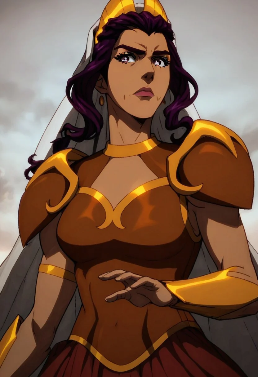 score_9,score_8_up,score_7_up,score_6_up,source anime BREAK, 1girl, hestia, purple hair, long hair, bangs, crown, veil, purple eyes, dark-skinned female, dark skin, armor, looking at viewer, solo, dynamic pose, white background