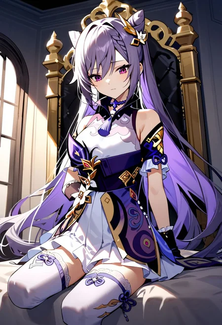 masterpiece, best quality, absurdres, very authentic, three-quarter view, 1girl, solo, full body very long hair, looking at ground, silence, lose mind, colored inner hair, armless amputee, legless amputee, sitting, on the royal chair, expressionless, looking down, indoors, dusk, backlighting, window, luxury bed, luxury royal room, gold necklace with jewels, necklace, exquisite big mirror on wall,  gold wall, white camisole, (white long translucent dress:1.2), (purple frilled lace trimmed arm wrapper:1.3), (purple frilled lace trimmed leg wrapper:1.2), wall, window, <lora:amputee-anxl31-000089:0.8>, keqing \(genshin impact\)