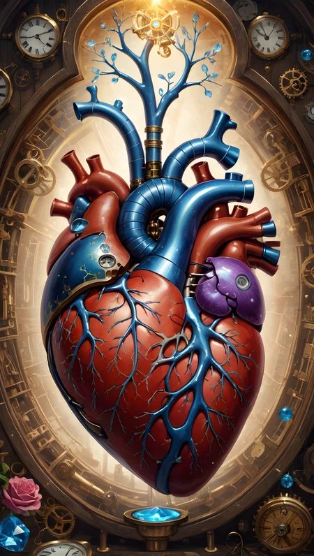 surreal, anatomy, anatomical drawings, human body, fantastical organs, clockwork heart, crystal lungs, masterpiece, best quality, highly detailed, sharp focus, dynamic lighting, vivid colors, texture detail, particle effects, storytelling elements, narrative flair, 16k, UE5, HDR, subject-background isolation