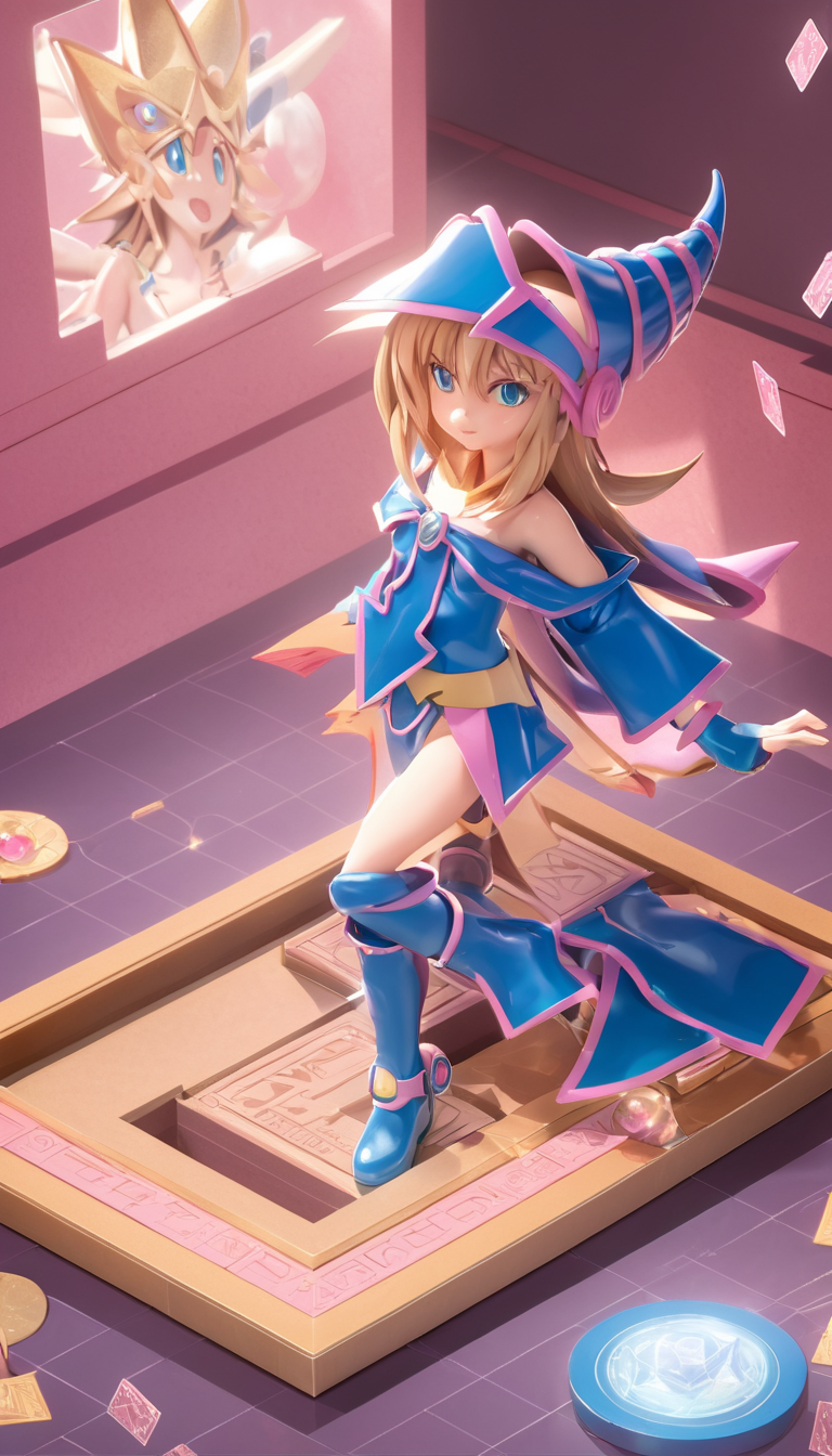 Tiny cute isometric Cinematic scene, hero view, Dark Magician Girl, Yu-Gi-Oh! <lora:dark_magician_girl_xl_v4:1>, action pose, detailed background, masterpiece, best quality, high quality, highres, absurdres in a cutaway box, soft smooth lighting, soft colors, 100mm lens, 3d blender render