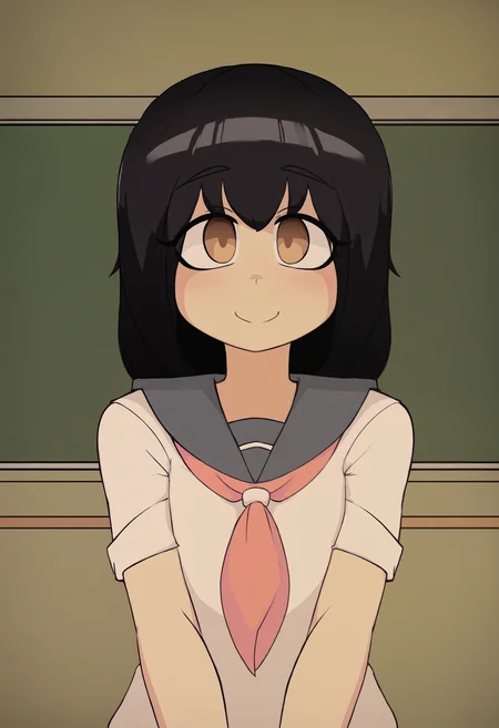1girl, solo, akutox3, black hair, brown eyes, standing, smile, closed mouth, school uniform, serafuku, indoors, classroom, best quality, amazing quality, very aesthetic, absurdres
