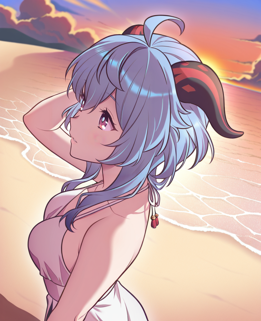 masterpiece, best quality, amazing quality, very aesthetic, absurdres, <lora:Andria_Januar_style_ILLUS-000009:1> , aja, 1girl, ganyu, looking afar, parted lips, portrait, ruffling hair, from side, angle view, from above, beach, sand, water, upper body, walking, white dress, side slit, sky, clouds, sunset