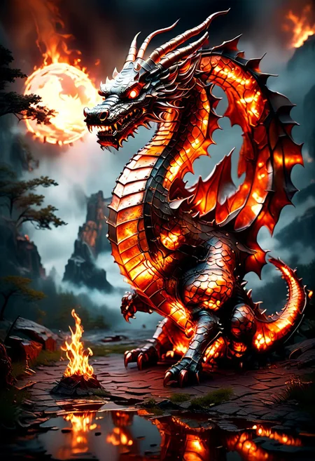 Score_9, score_8_up, score_7_up, high quality, 4k, 8k, extremely detailed, dragon in landscape made out of copper, rendered in stunning detail by Andrei Kolkoutine. big, round eyes, adorable expression. fire, explosions, funny theme, witty, Humor and wit, Aesthetic appeal, Engagement sparks