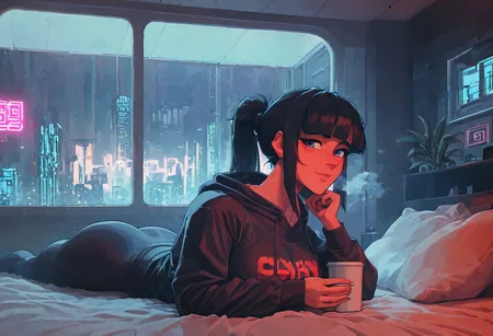 score_9,score_8_up,score_7_up,score_6_up, 1girl,
sitting in bed next to a large window, holding coffee cup, steaming coffee cup on windowsill, wearing croptop hoodie, black croptop hoodie, long hair, black hair, low ponytail hairstyle, pov from outside, view from putside the window looking into the room, looking out window, head resting on pillow laying on the bed, hoodie, plants on the windowsill, looking out the window, looking at viewer, background is the bedroom, tidy bedrrom, small room, cramped bedroom, teddies on the bed,, wearing legging, see through thights, black tights, cyberpunk city view out of the window, neon light, purple neon lights, has a vape