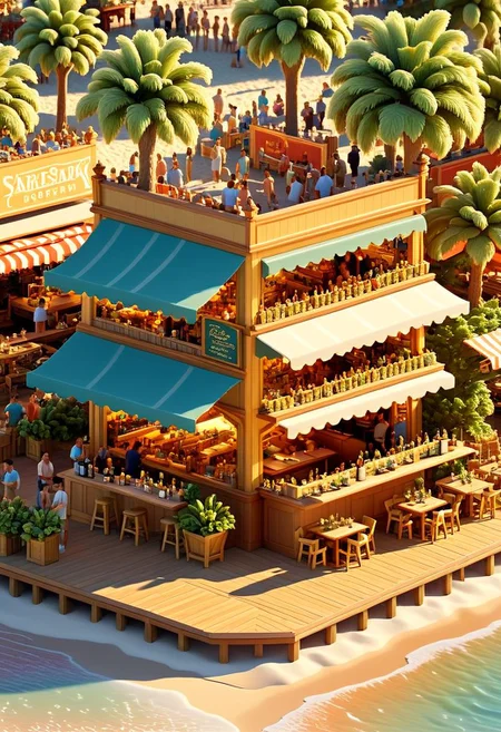 ispzxll, diorama, isometric, miniature, beach scene, boardwalk, market stands, restaurant, bar, golden hour, long shadows, volumetric lighting style, pedestrian crowds, mature trees, intricate details, potted plants, ultra-detailed, 8k, fluffy clouds and setting sun in background