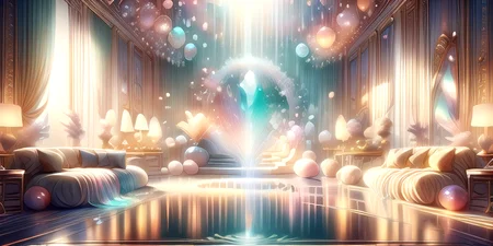 anime, best quality, absurd resolution, intricate detail, (perfect detail features), 8k, UHD, (masterpiece:1.4), high quality, high definition, animation, illustration, highly detailed, highres, extremely detailed, sharp focus, <lora:hyperdenoiser_v090:0.5>, <lora:hyperrefiner_v090:0.5>, <lora:add_detail:0.5>, 4k, absurd resolution, <lora:sd15_lora_beta:1>, garden, fluorescent, glowing, bioluminescence, light particles, vibrant, flora, sparks, opalescent, <lora:Sanctuary_of_Tourmaline:1>, (temple), sanctuary of tourmaline, gentle light, energy, gemstone, <lora:opal-style-darquelilly-v1:0.6> opalstyle, <lora:1710091483685932679:0.8> DreamColor, DreamLight, Dream, Dream-anime <lora:rainbow:0.5> iridescent, rainbow gradient, decorated with soft opalescent colors, luxurious plush furniture,gentle light filtering through the sheer curtains, pool, water, reflections,trickling fountain, oasis, tourmaline gemstone,